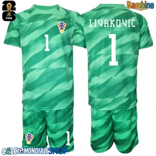Maglie da calcio Croazia Dominik Livakovic #1 Portiere Seconda Maglia Bambino Mondiali 2026  Manica Corta + Pantaloni corti)